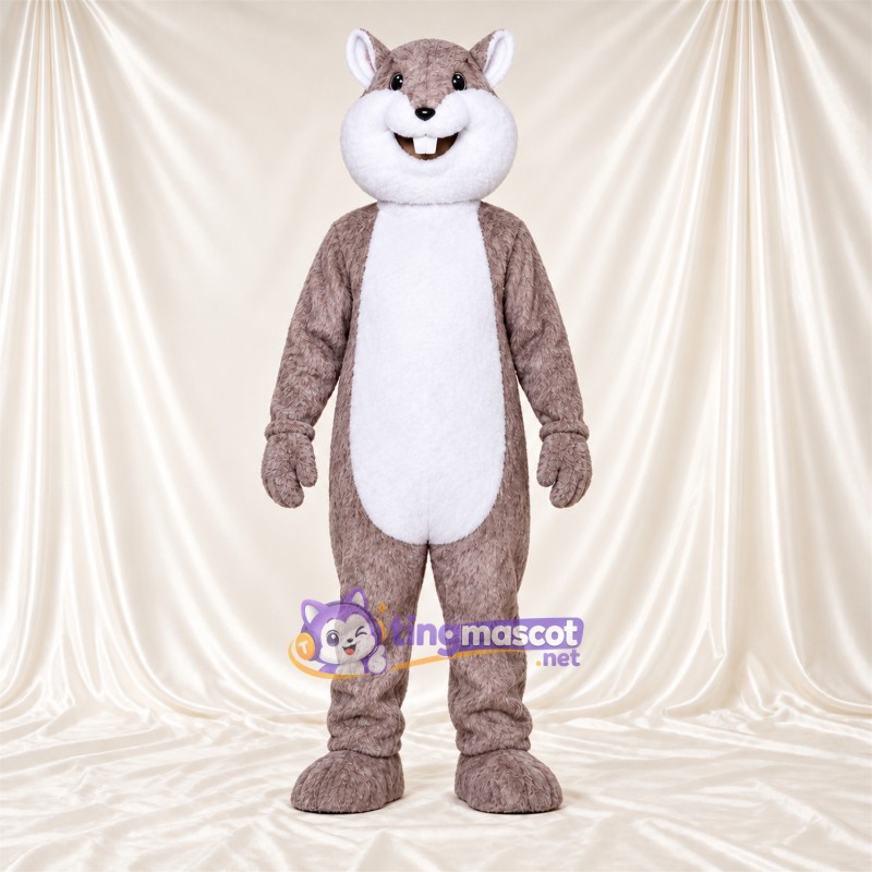Costume de mascotte Écureuil – gris / blanc – Queue touffue; Grandes incisives Costume de mascotte Écureuil – gris / blanc – Queue touffue; Grandes incisives