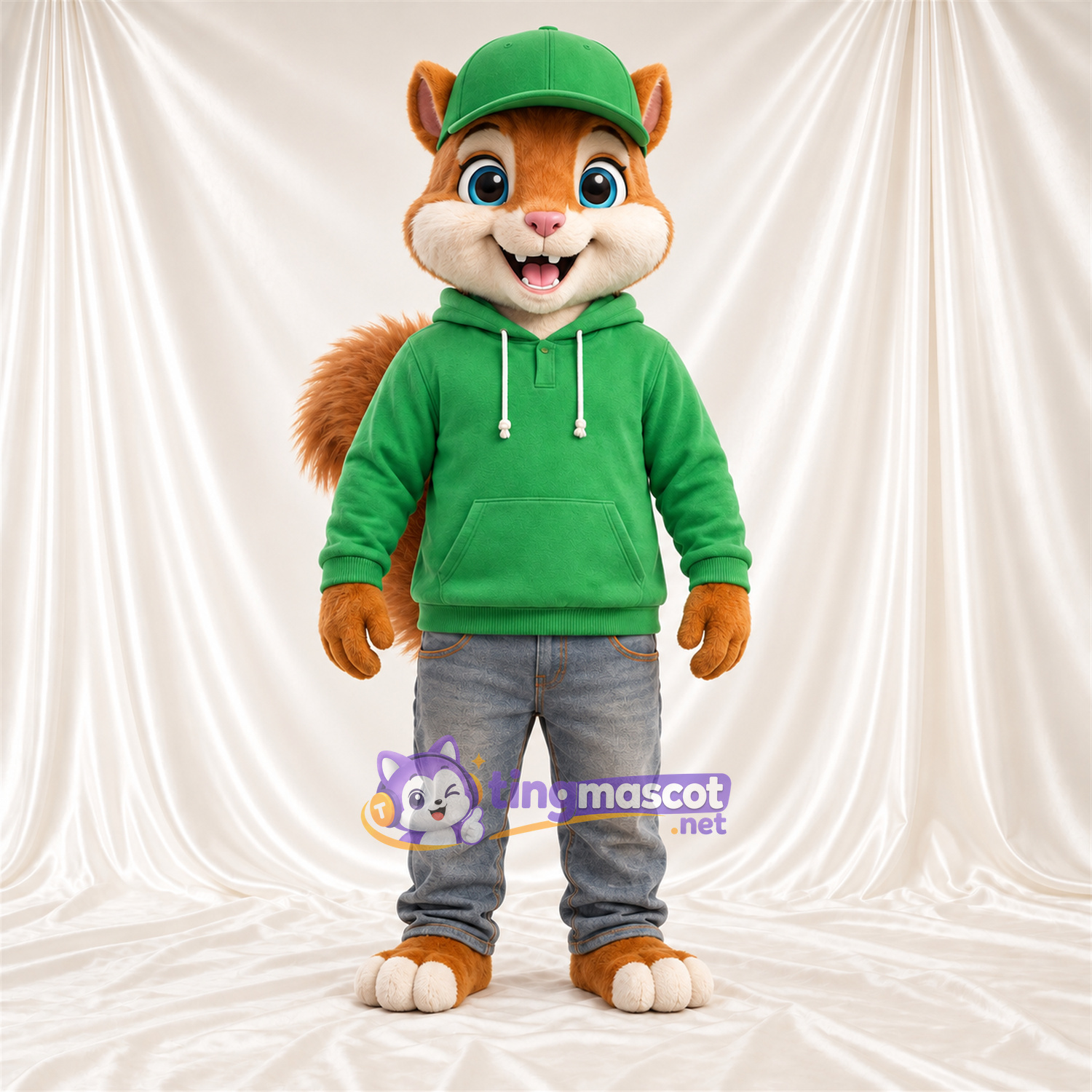 Costume de mascotte Écureuil – marron – Sweat à capuche (vert); Casquette (vert) Costume de mascotte Écureuil – marron – Sweat à capuche (vert); Casquette (vert)