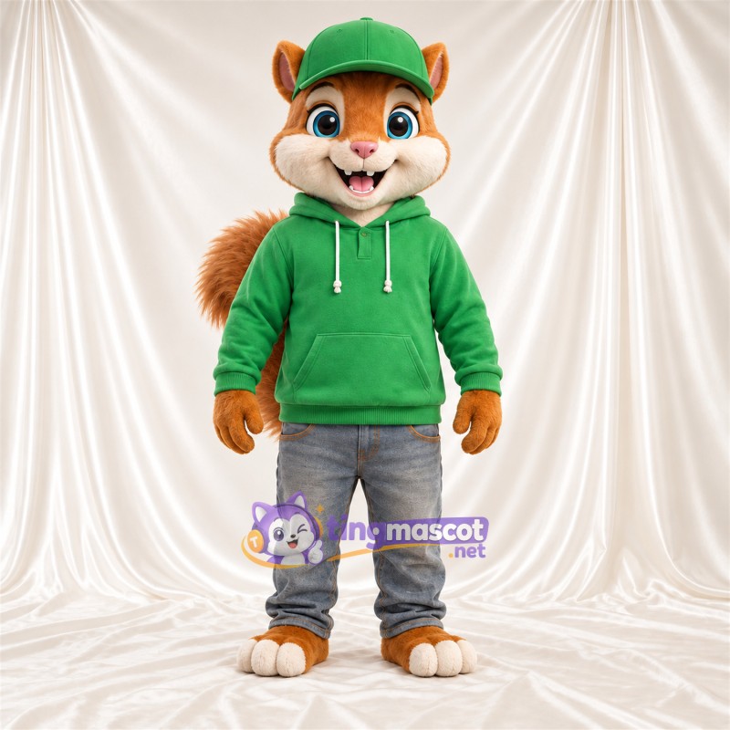 Costume de mascotte Écureuil – marron – Sweat à capuche (vert); Casquette (vert) Costume de mascotte Écureuil – marron – Sweat à capuche (vert); Casquette (vert)