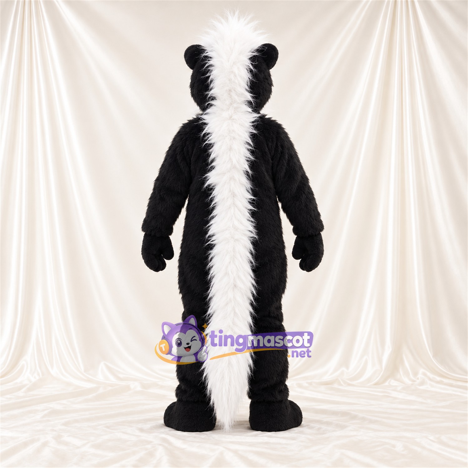 Black and White Skunk Mascot Costume - White Back Stripe and White Head Tuft Black and White Skunk Mascot Costume - White Back Stripe and White Head Tuft