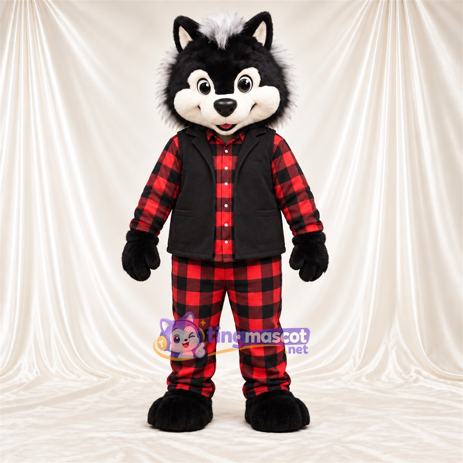 Black and White Skunk Mascot Costume - Red Plaid Outfit Black and White Skunk Mascot Costume - Red Plaid Outfit