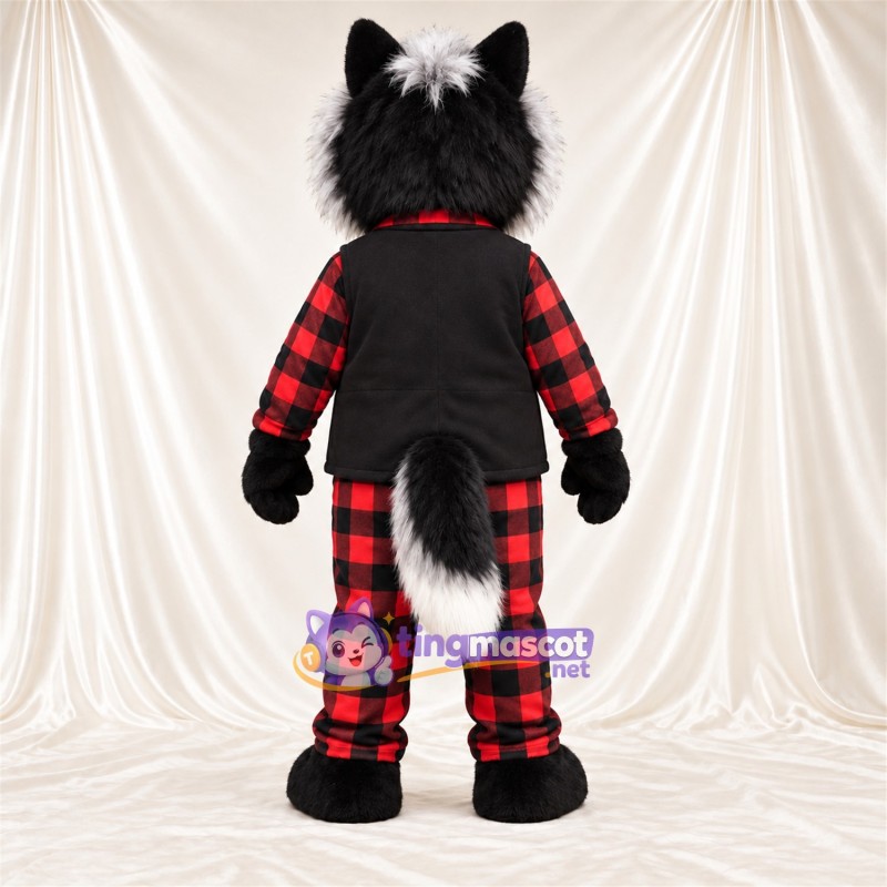 Black and White Skunk Mascot Costume - Red Plaid Outfit Black and White Skunk Mascot Costume - Red Plaid Outfit