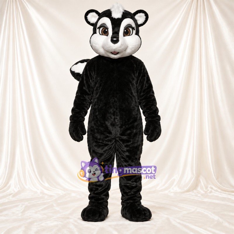 Black and White Skunk Mascot Costume - Curled Tail and White Cheeks Black and White Skunk Mascot Costume - Curled Tail and White Cheeks