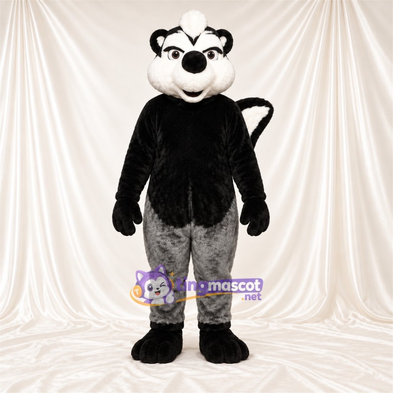 Costume de mascotte Mouffette – noir / blanc – Queue touffue; Bas des jambes (gris) Costume de mascotte Mouffette – noir / blanc – Queue touffue; Bas des jambes (gris)