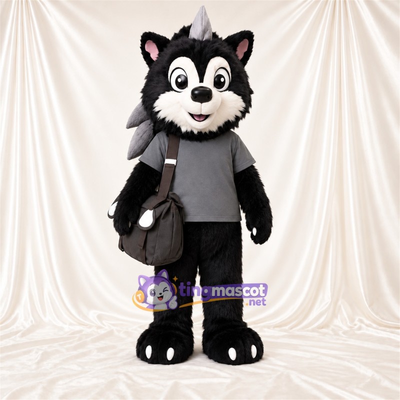 Black and White Raccoon Mascot Costume - Gray Shirt, Spiked Ruff and Shoulder Bag Black and White Raccoon Mascot Costume - Gray Shirt, Spiked Ruff and Shoulder Bag