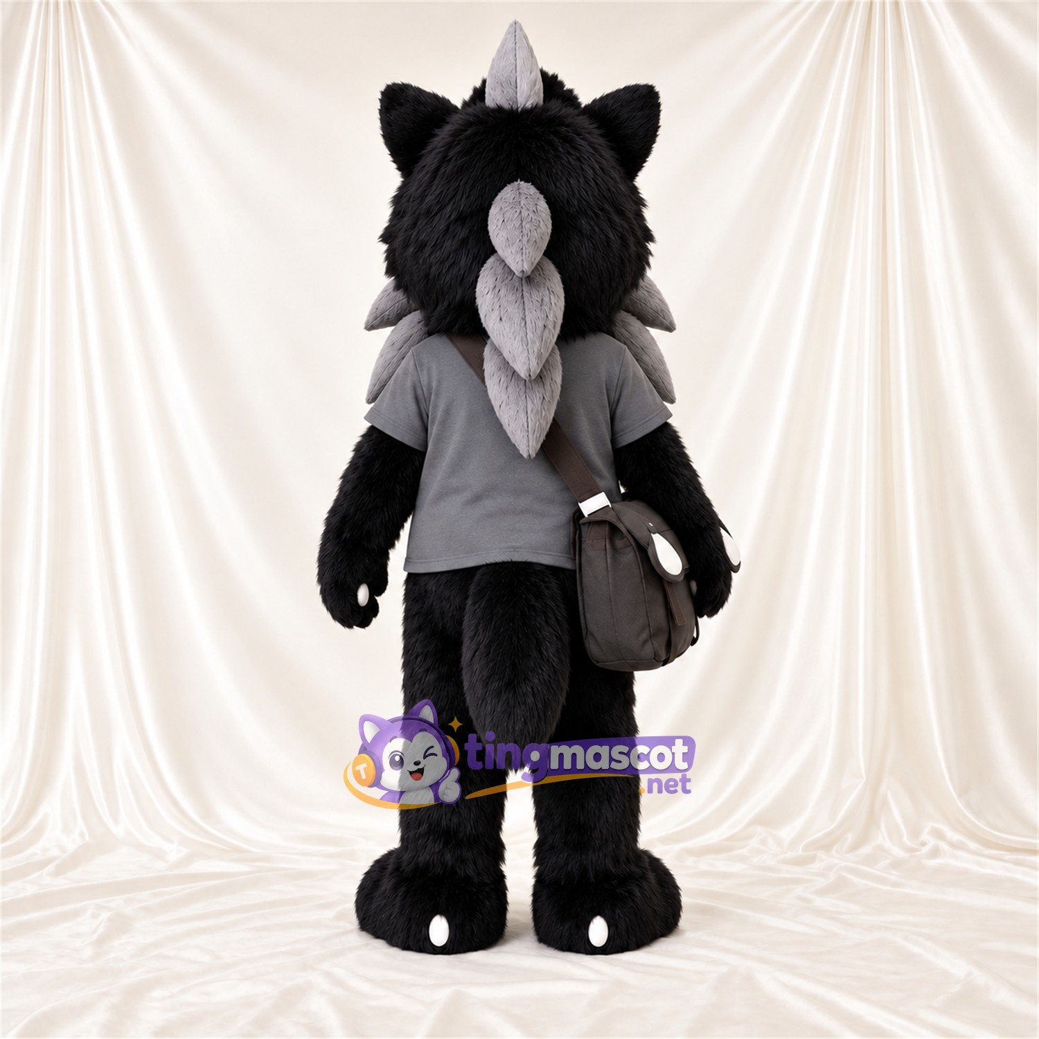 Black and White Raccoon Mascot Costume - Gray Shirt, Spiked Ruff and Shoulder Bag Black and White Raccoon Mascot Costume - Gray Shirt, Spiked Ruff and Shoulder Bag