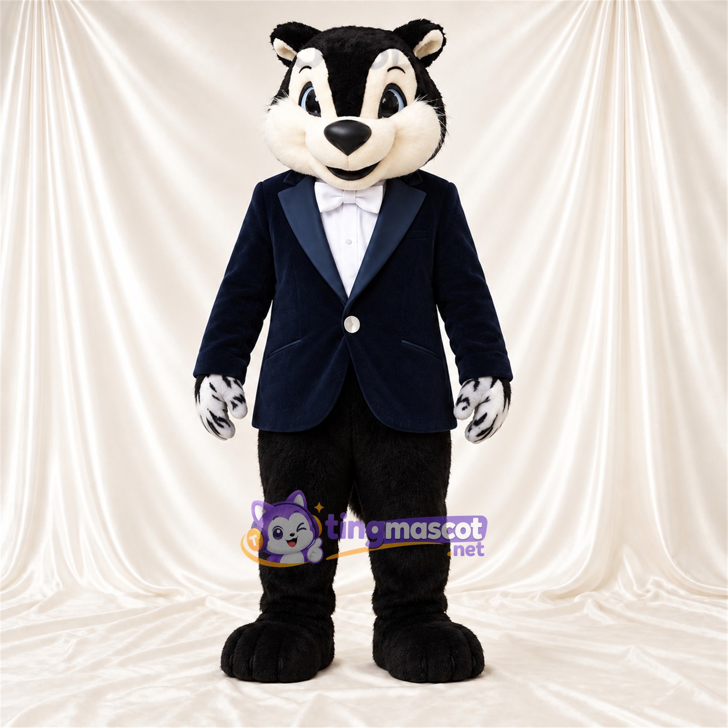 Black and White Skunk Mascot Costume - Blue Suit Black and White Skunk Mascot Costume - Blue Suit