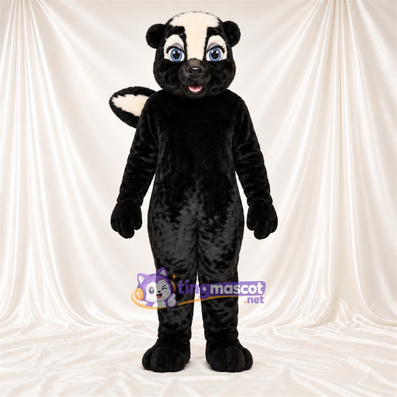 Costume de mascotte Mouffette – noir / blanc – Queue rayée (blanc); Yeux (bleu)