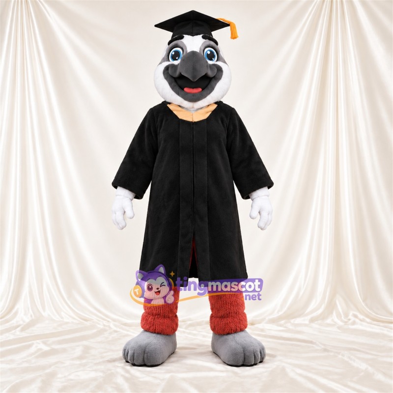 Costume de mascotte Perroquet – gris – Toge de diplômé (noir); Casquette Costume de mascotte Perroquet – gris – Toge de diplômé (noir); Casquette