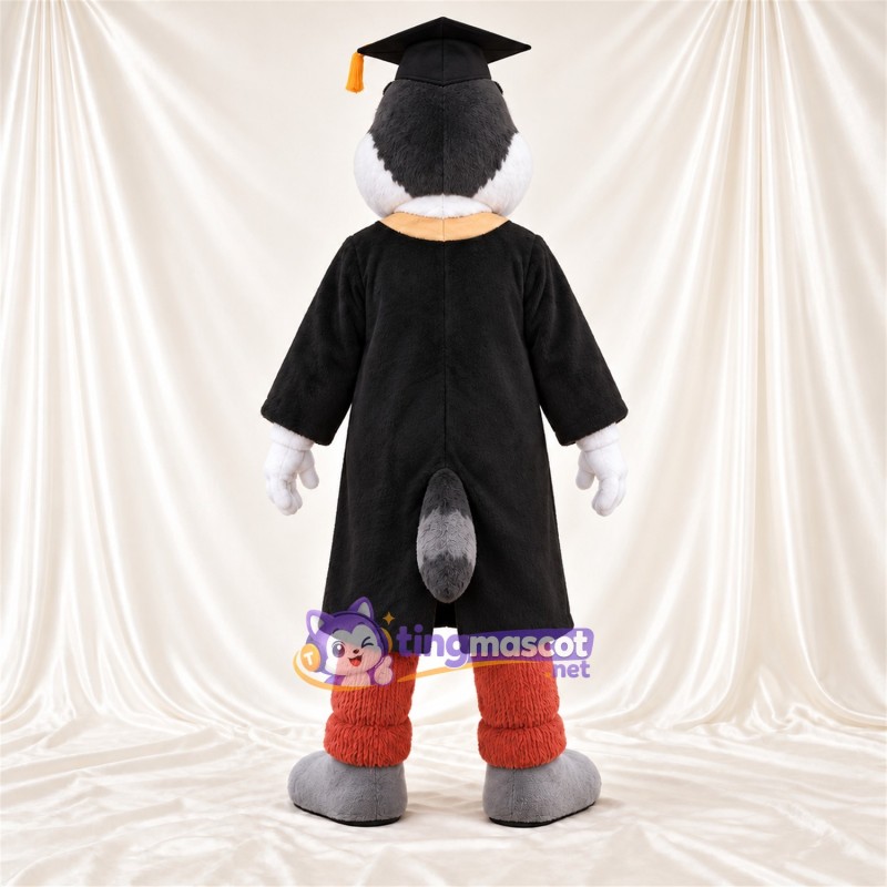 Costume de mascotte Perroquet – gris – Toge de diplômé (noir); Casquette Costume de mascotte Perroquet – gris – Toge de diplômé (noir); Casquette