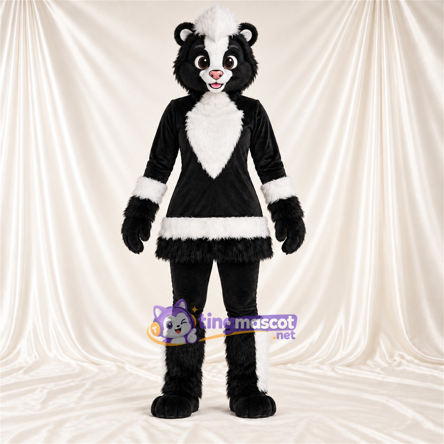 Black and White Skunk Mascot Costume - Black Dress with White Trim Black and White Skunk Mascot Costume - Black Dress with White Trim