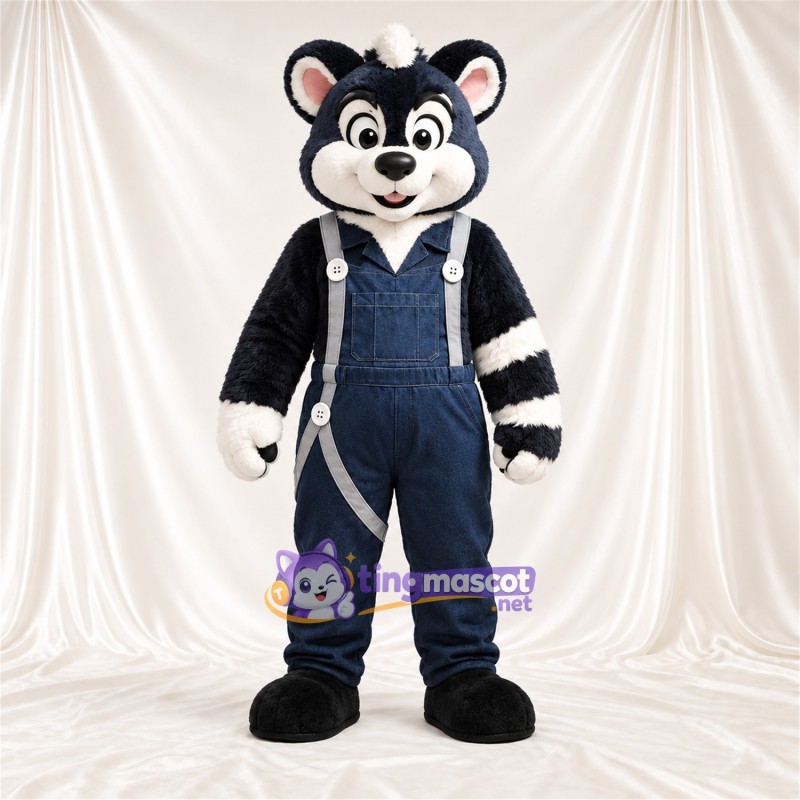 Black and White Raccoon Mascot Costume - Navy Overalls Black and White Raccoon Mascot Costume - Navy Overalls