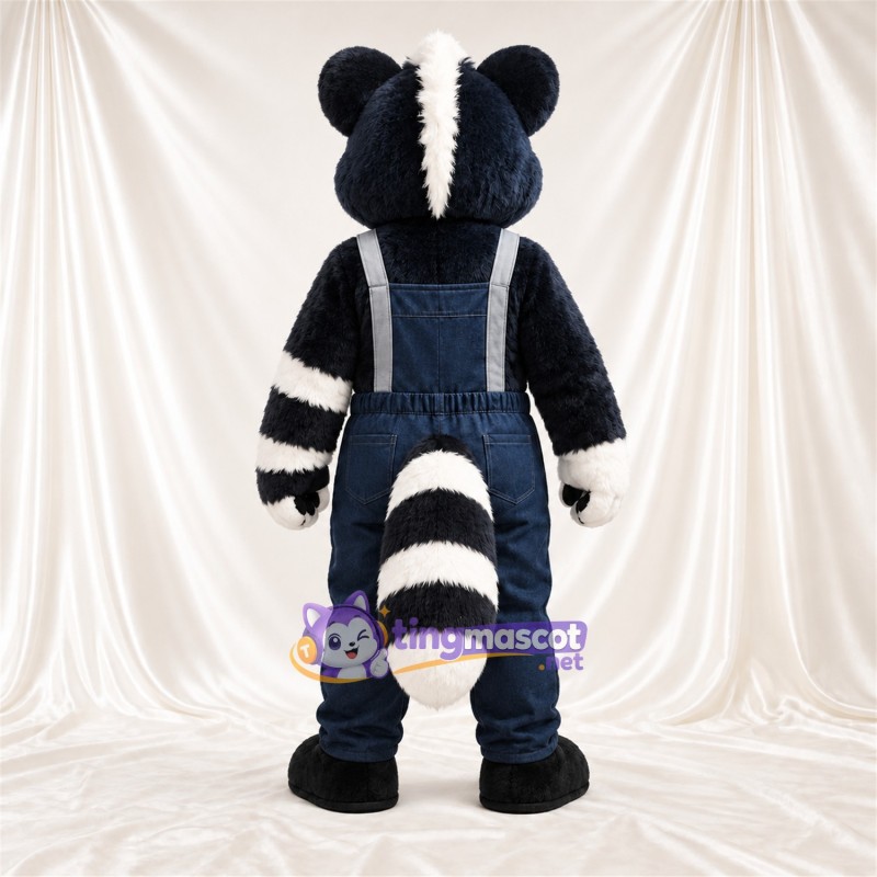 Black and White Raccoon Mascot Costume - Navy Overalls Black and White Raccoon Mascot Costume - Navy Overalls