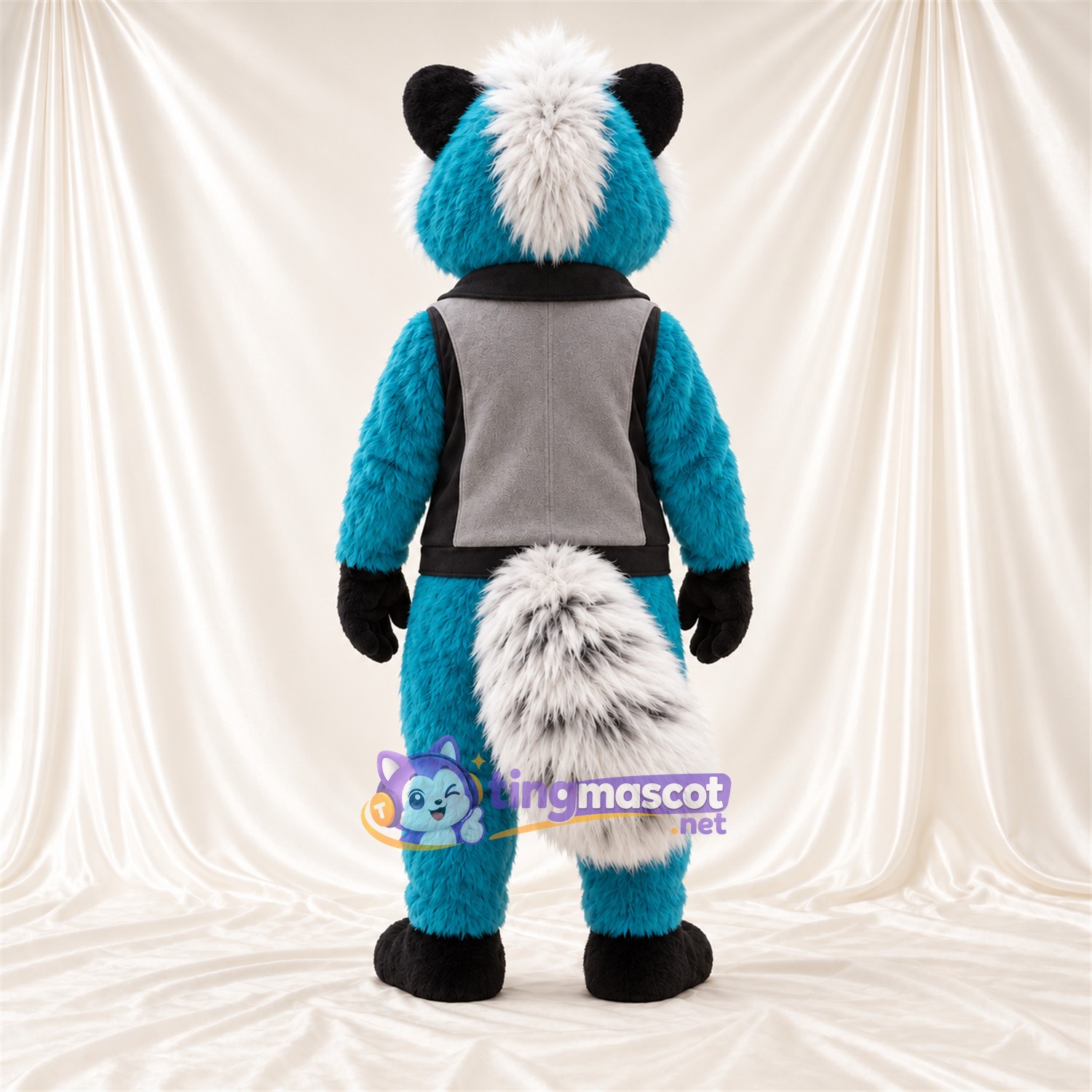 Costume de mascotte Mouffette – bleu canard – Gilet (gris); Queue Costume de mascotte Mouffette – bleu canard – Gilet (gris); Queue