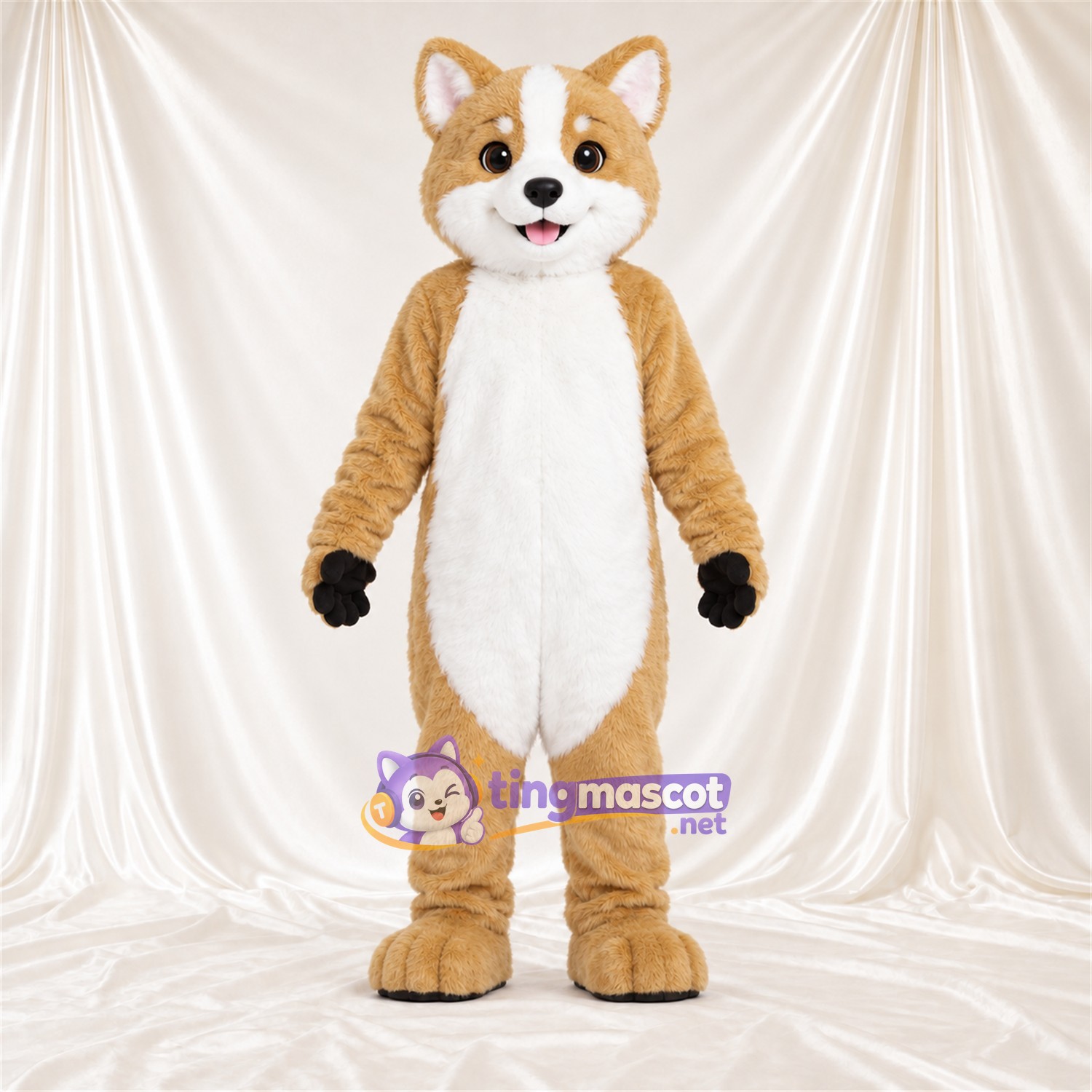 Maskottchenkostüm Fuchs – hellbraun / weiß – Bauch (weiß); Hände (schwarz) Maskottchenkostüm Fuchs – hellbraun / weiß – Bauch (weiß); Hände (schwarz)