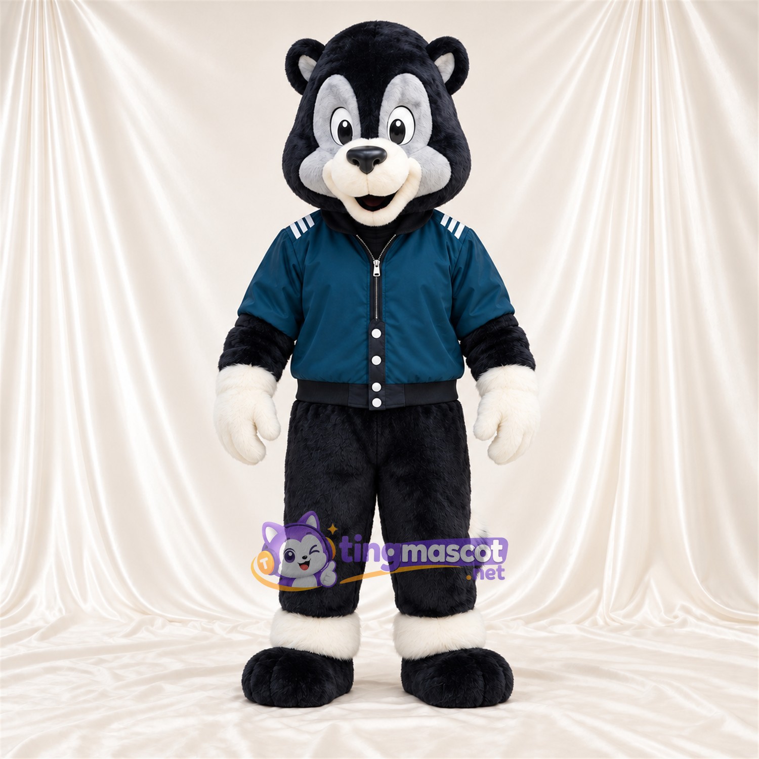 Black and White Skunk Mascot Costume - Blue Jacket Black and White Skunk Mascot Costume - Blue Jacket