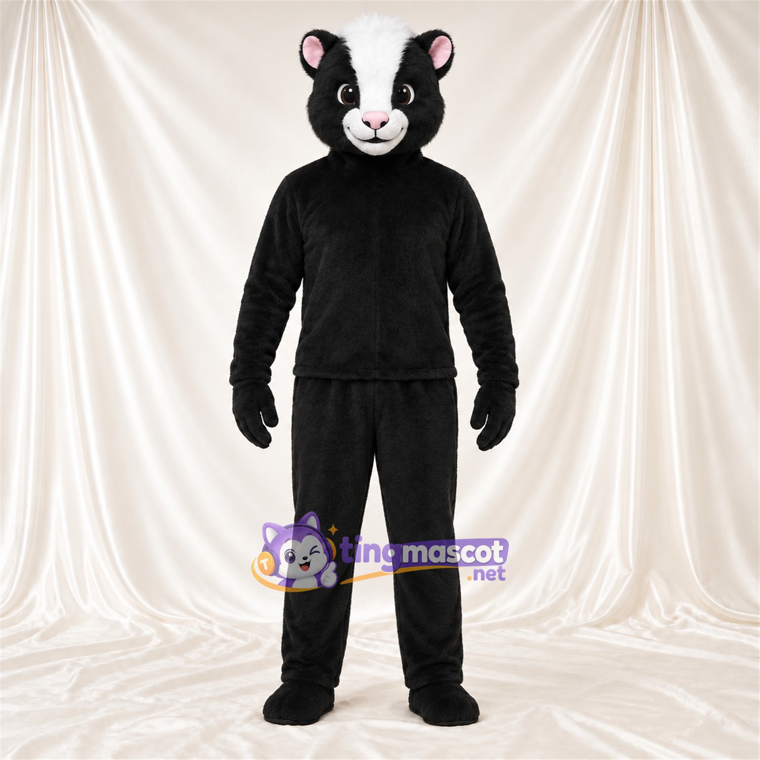 Black and White Skunk Mascot Costume - Pink Inner Ears and Upright Bushy Tail Black and White Skunk Mascot Costume - Pink Inner Ears and Upright Bushy Tail