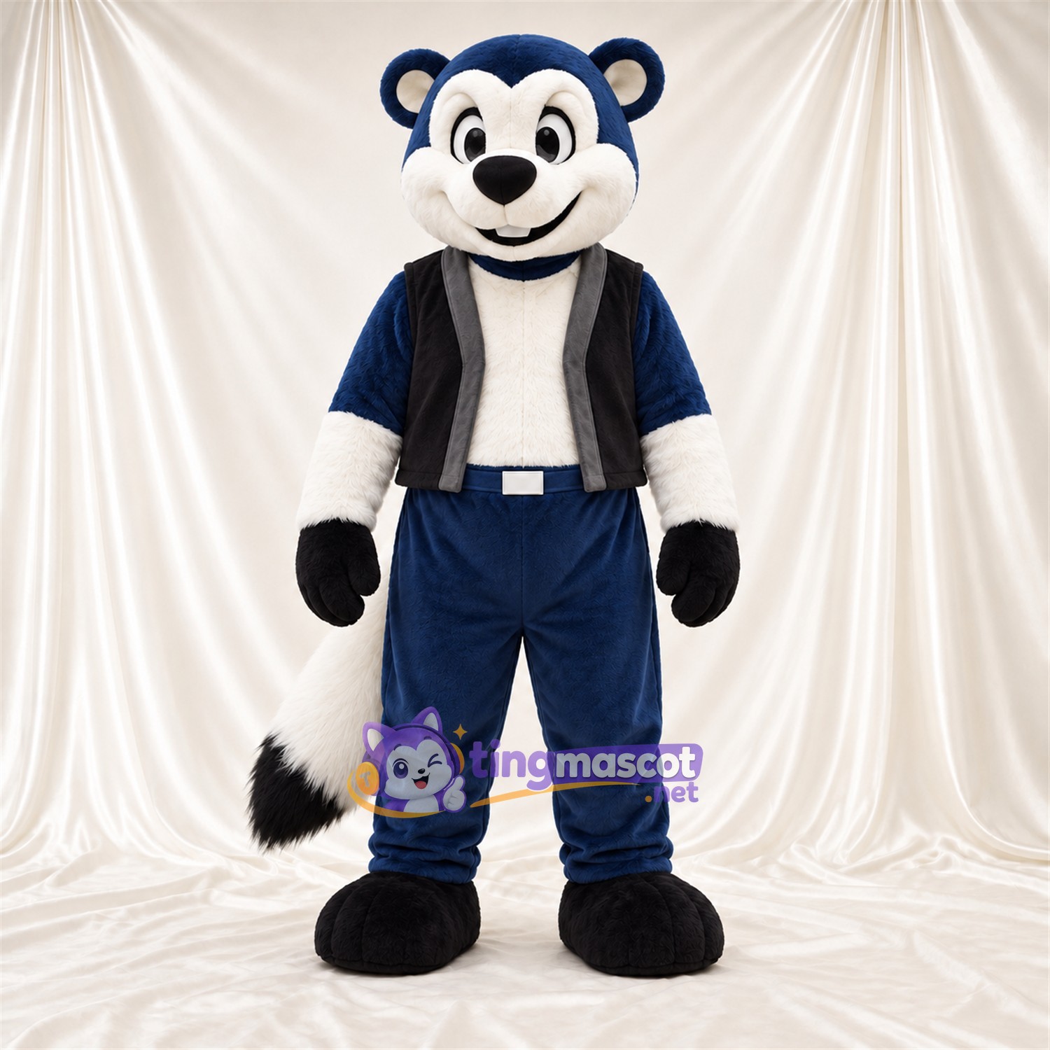 Black and White Skunk Mascot Costume - Blue Outfit Black and White Skunk Mascot Costume - Blue Outfit