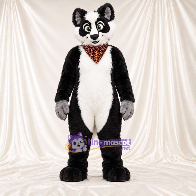 Black and White Skunk Mascot Costume - Orange Patterned Bandana Black and White Skunk Mascot Costume - Orange Patterned Bandana