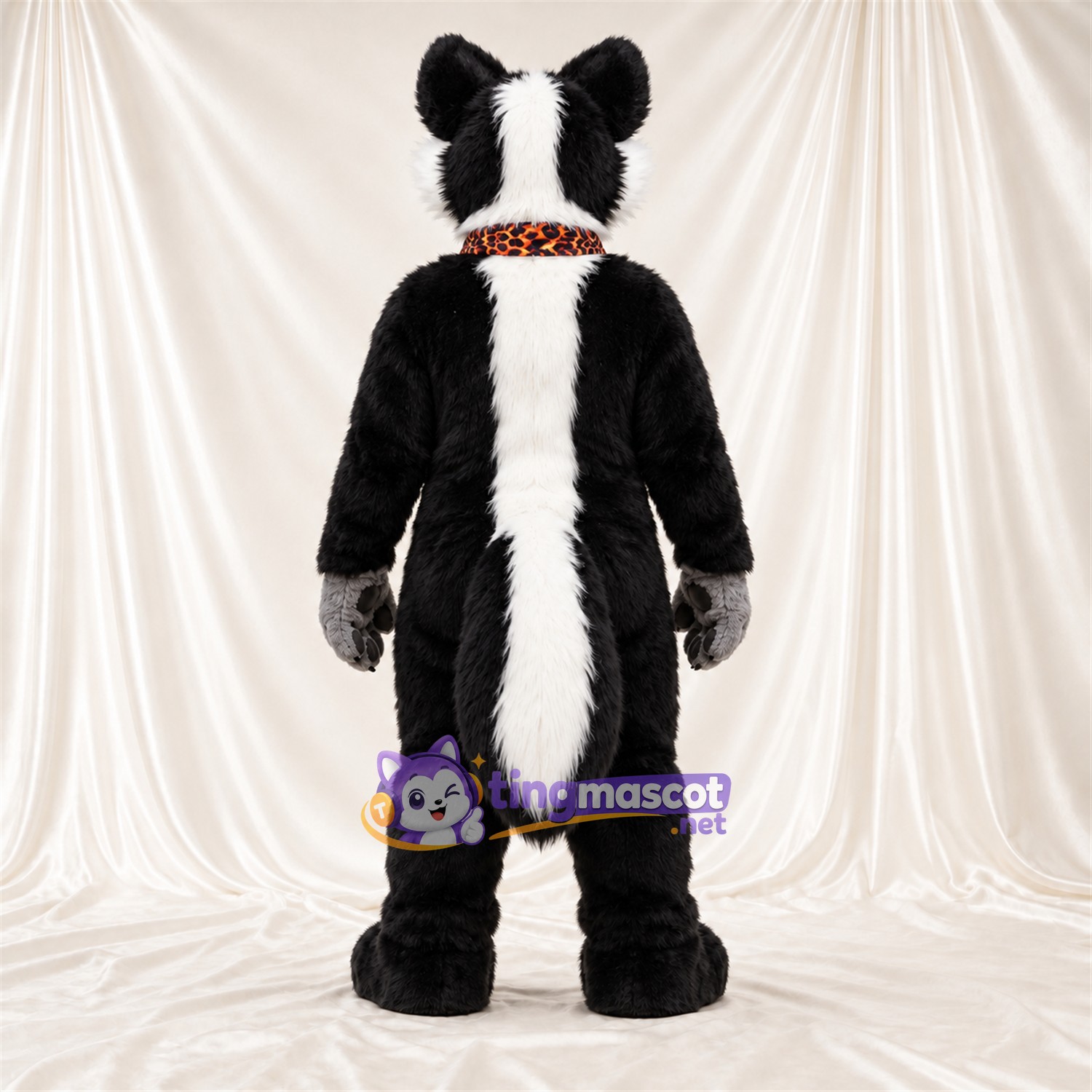Black and White Skunk Mascot Costume - Orange Patterned Bandana Black and White Skunk Mascot Costume - Orange Patterned Bandana