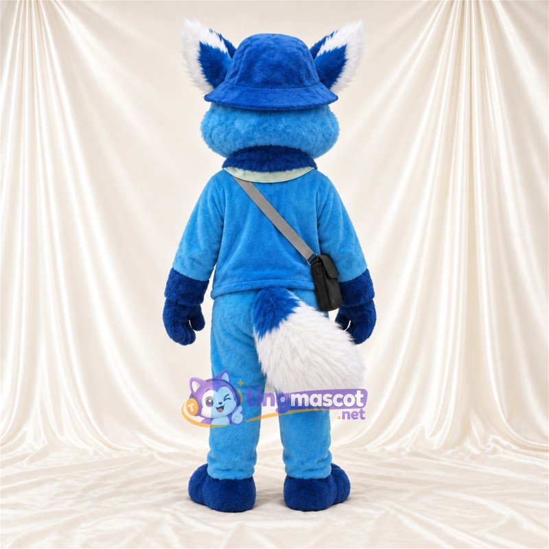 Blue and White Fox Mascot Costume - Blue Outfit, Hat and Shoulder Bag Blue and White Fox Mascot Costume - Blue Outfit, Hat and Shoulder Bag