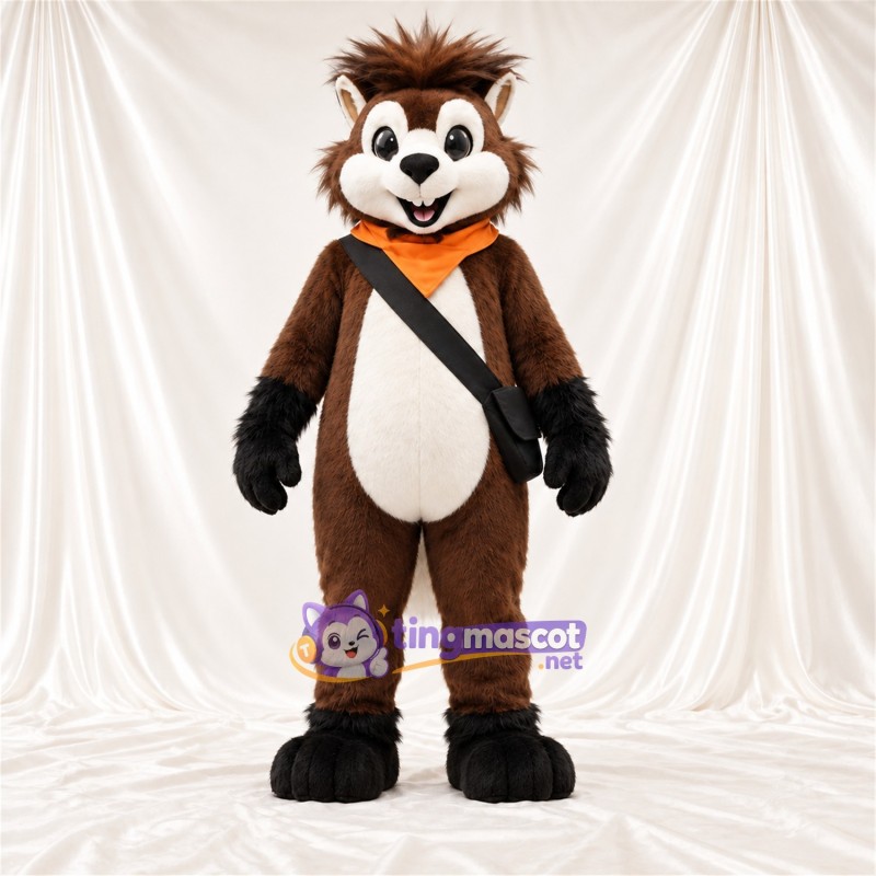 Brown and White Red Panda Mascot Costume - Orange Bandana and Black Shoulder Strap Brown and White Red Panda Mascot Costume - Orange Bandana and Black Shoulder Strap