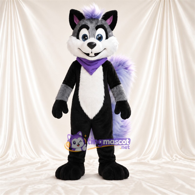 Black, White and Purple Skunk Mascot Costume - Purple Bandana Black, White and Purple Skunk Mascot Costume - Purple Bandana