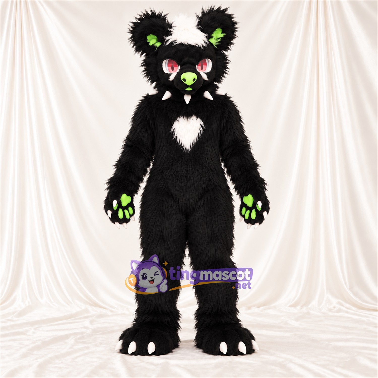 Black Monster Mascot Costume - Green Accents and White Spikes Black Monster Mascot Costume - Green Accents and White Spikes