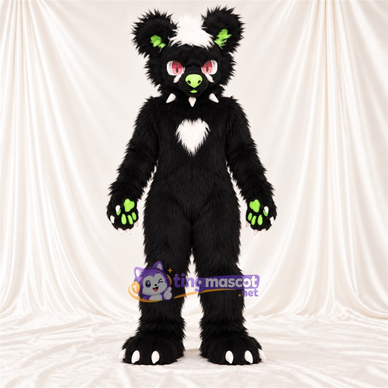 Black Monster Mascot Costume - Green Accents and White Spikes Black Monster Mascot Costume - Green Accents and White Spikes