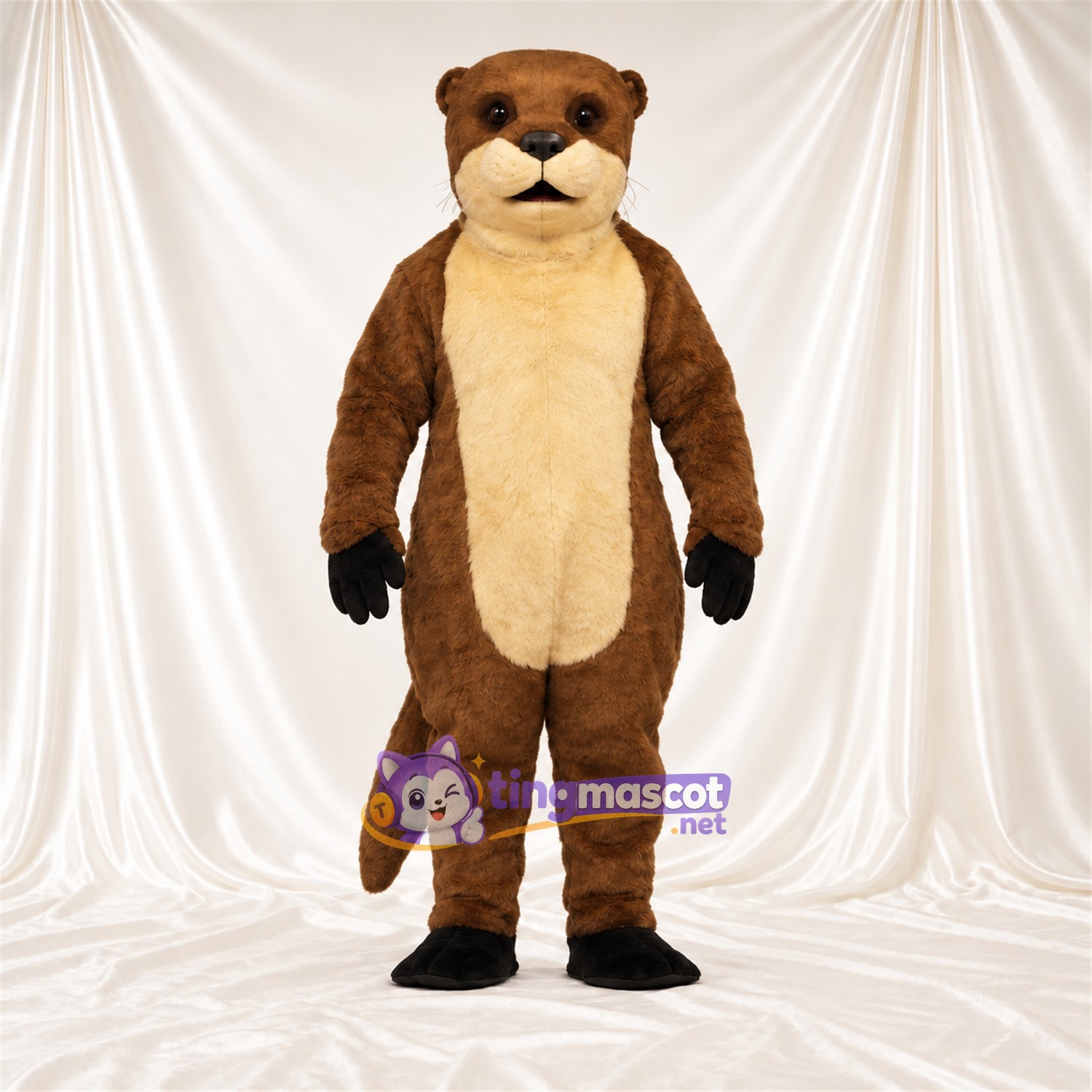 Maskottchenkostüm Otter – braun – Bauch (creme); Handschuhe (schwarz) Maskottchenkostüm Otter – braun – Bauch (creme); Handschuhe (schwarz)