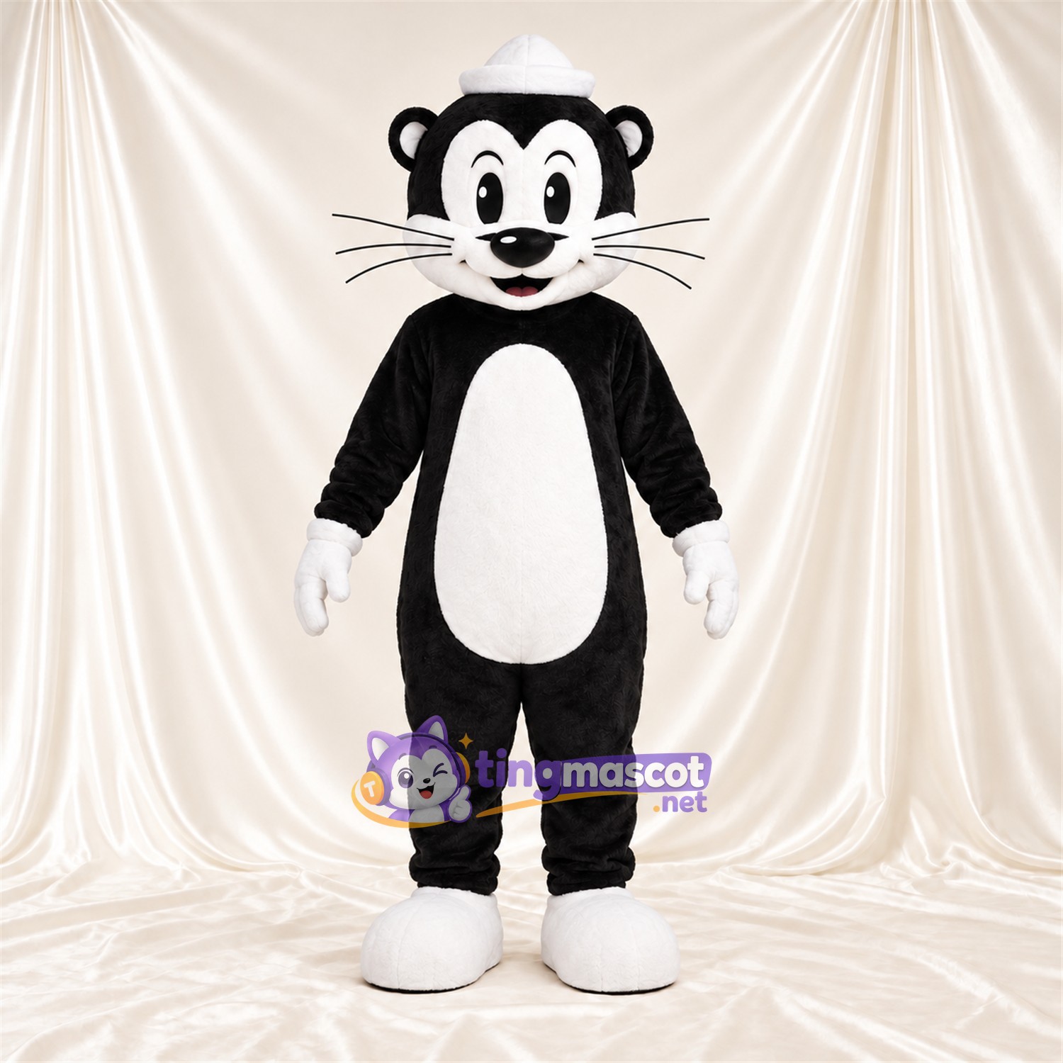Maskottchenkostüm Katze – schwarz / weiß – Matrosenmütze (weiß) Maskottchenkostüm Katze – schwarz / weiß – Matrosenmütze (weiß)