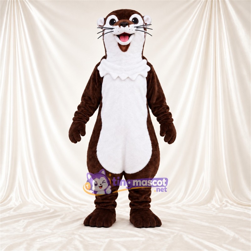 Costume de mascotte Loutre – marron / blanc – Col à volants (blanc); Ventre (blanc) Costume de mascotte Loutre – marron / blanc – Col à volants (blanc); Ventre (blanc)