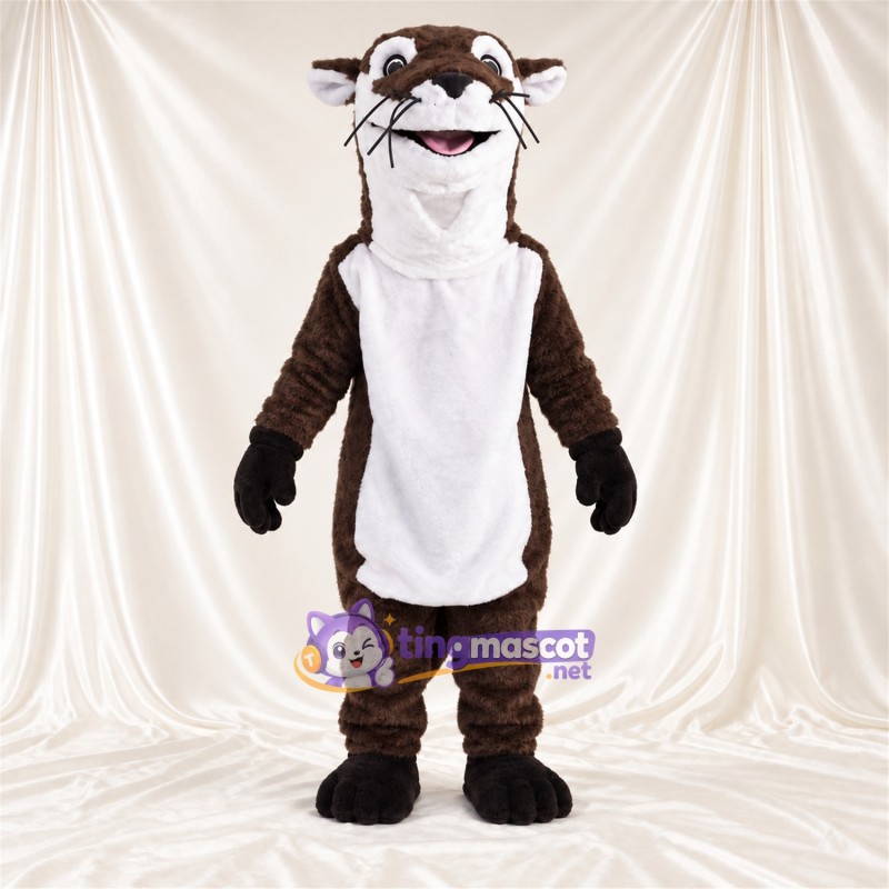 Costume de mascotte Loutre – marron / blanc – Col à volants (blanc); Ventre (blanc) Costume de mascotte Loutre – marron / blanc – Col à volants (blanc); Ventre (blanc)