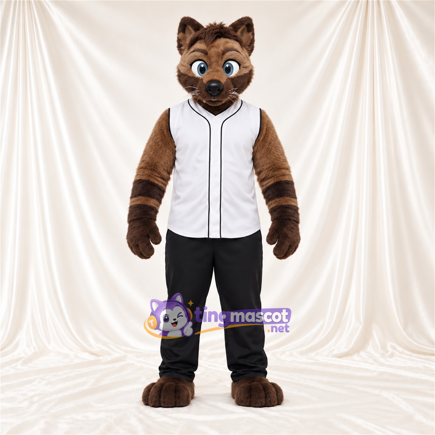 Maskottchenkostüm Tigerkatze – braun – Baseballtrikot (weiß); Hose (schwarz) Maskottchenkostüm Tigerkatze – braun – Baseballtrikot (weiß); Hose (schwarz)