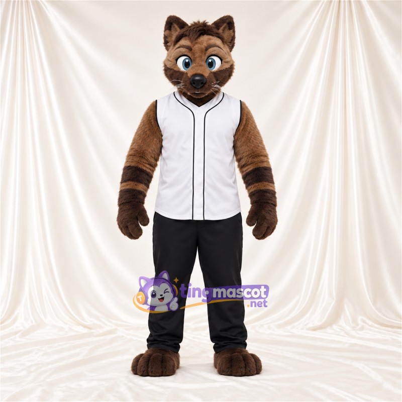 Maskottchenkostüm Tigerkatze – braun – Baseballtrikot (weiß); Hose (schwarz) Maskottchenkostüm Tigerkatze – braun – Baseballtrikot (weiß); Hose (schwarz)