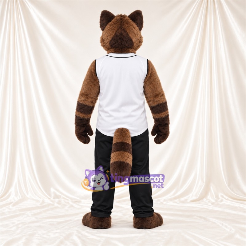 Maskottchenkostüm Tigerkatze – braun – Baseballtrikot (weiß); Hose (schwarz) Maskottchenkostüm Tigerkatze – braun – Baseballtrikot (weiß); Hose (schwarz)