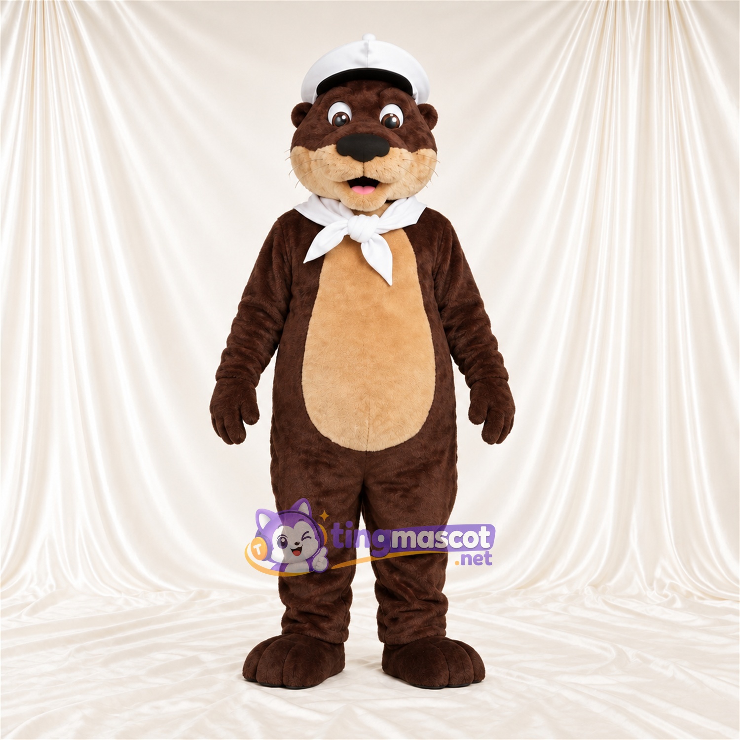 Costume de mascotte Loutre – marron – Chapeau de marin (blanc); Écharpe Costume de mascotte Loutre – marron – Chapeau de marin (blanc); Écharpe