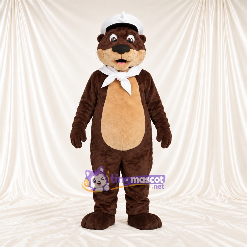 Costume de mascotte Loutre – marron – Chapeau de marin (blanc); Écharpe Costume de mascotte Loutre – marron – Chapeau de marin (blanc); Écharpe