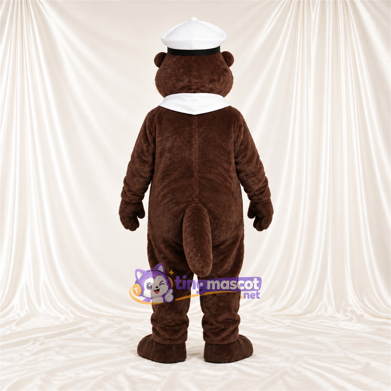 Costume de mascotte Loutre – marron – Chapeau de marin (blanc); Écharpe Costume de mascotte Loutre – marron – Chapeau de marin (blanc); Écharpe