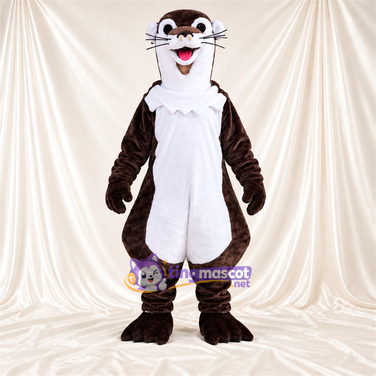 Costume de mascotte Loutre – marron / blanc – Col à volants (blanc); Ventre (blanc) Costume de mascotte Loutre – marron / blanc – Col à volants (blanc); Ventre (blanc)