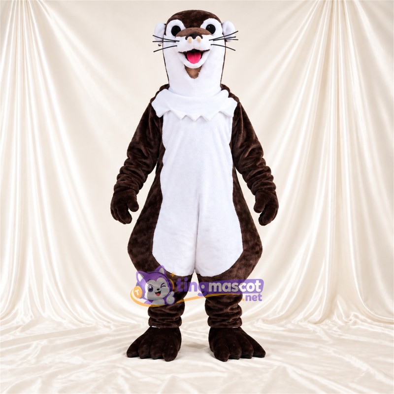 Costume de mascotte Loutre – marron / blanc – Col à volants (blanc); Ventre (blanc) Costume de mascotte Loutre – marron / blanc – Col à volants (blanc); Ventre (blanc)