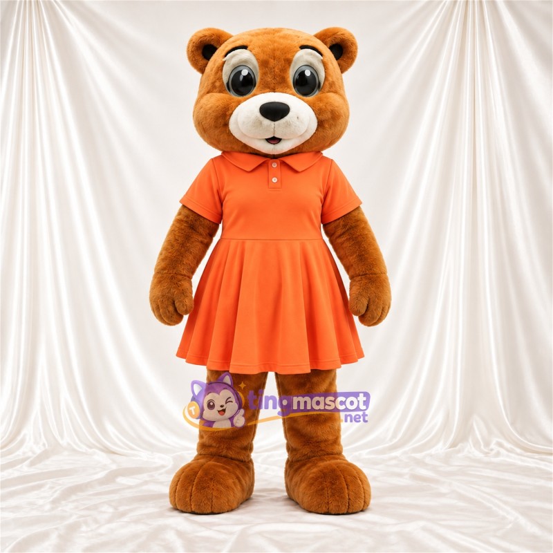 Maskottchenkostüm Bär – braun – Kleid (orange) Maskottchenkostüm Bär – braun – Kleid (orange)