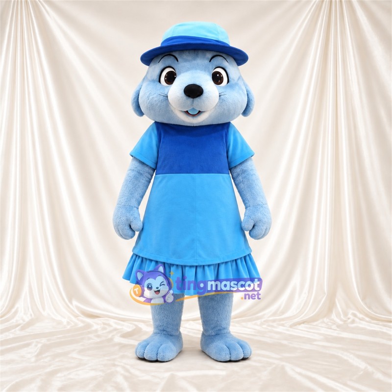 Blue Otter Mascot Costume - Blue Dress and Hat Blue Otter Mascot Costume - Blue Dress and Hat
