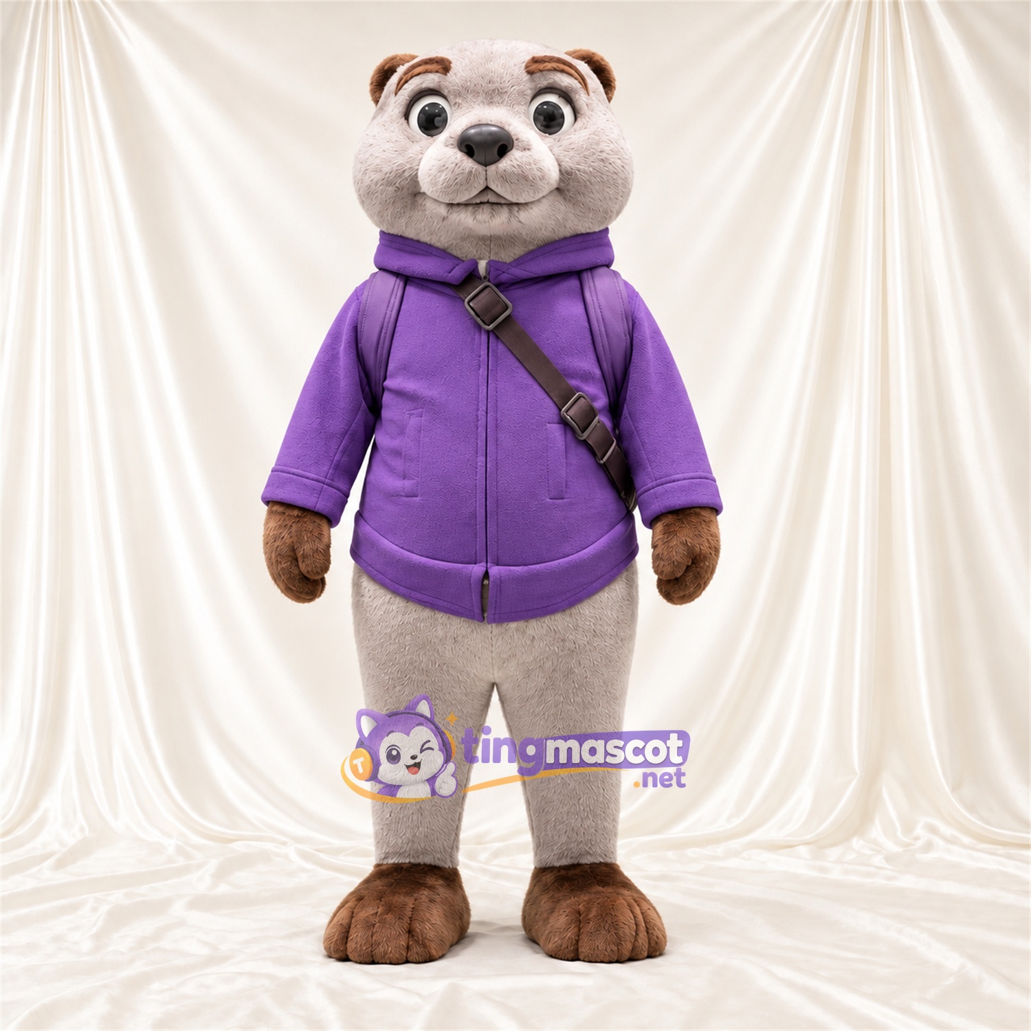 Costume de mascotte Loutre – gris – Sweat à capuche (violet); Bandoulière Costume de mascotte Loutre – gris – Sweat à capuche (violet); Bandoulière