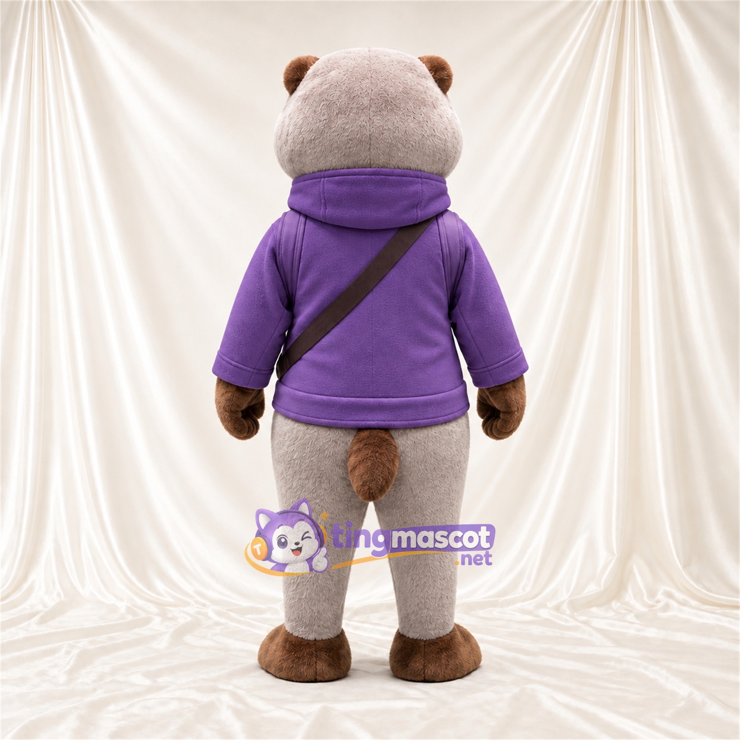 Costume de mascotte Loutre – gris – Sweat à capuche (violet); Bandoulière Costume de mascotte Loutre – gris – Sweat à capuche (violet); Bandoulière