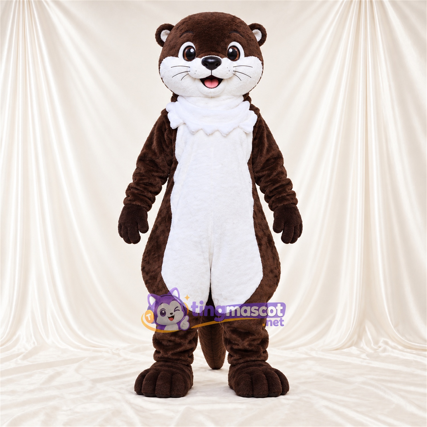 Costume de mascotte Loutre – marron / blanc – Col à volants (blanc); Ventre rond Costume de mascotte Loutre – marron / blanc – Col à volants (blanc); Ventre rond
