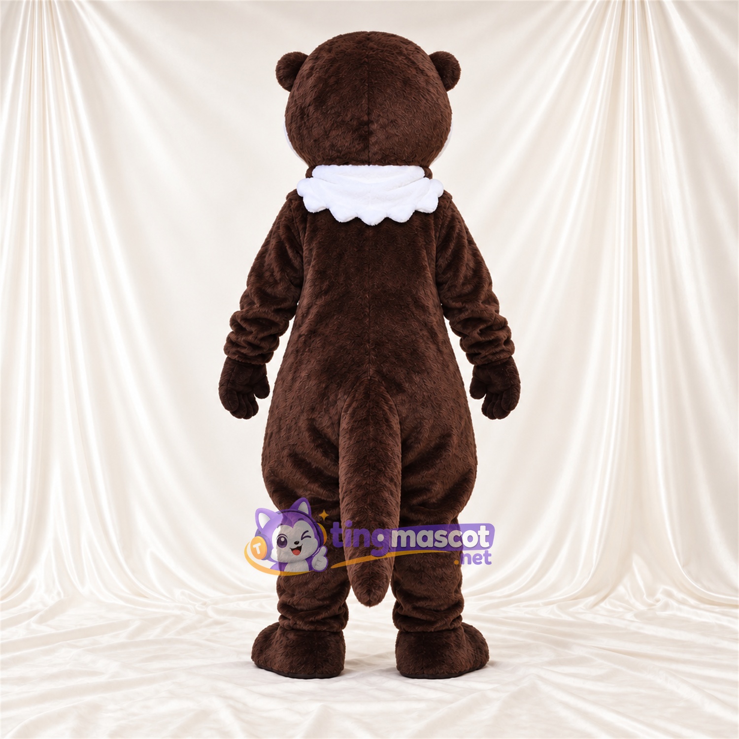 Costume de mascotte Loutre – marron / blanc – Col à volants (blanc); Ventre rond Costume de mascotte Loutre – marron / blanc – Col à volants (blanc); Ventre rond