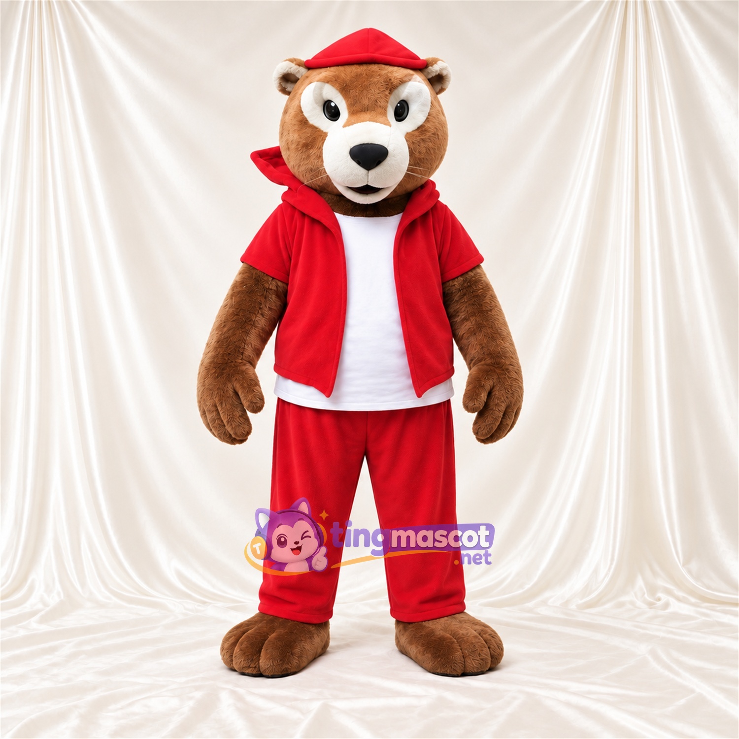 Costume de mascotte Loutre – marron – Survêtement (rouge); Casquette Costume de mascotte Loutre – marron – Survêtement (rouge); Casquette