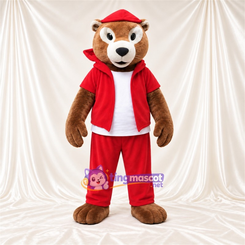 Costume de mascotte Loutre – marron – Survêtement (rouge); Casquette Costume de mascotte Loutre – marron – Survêtement (rouge); Casquette