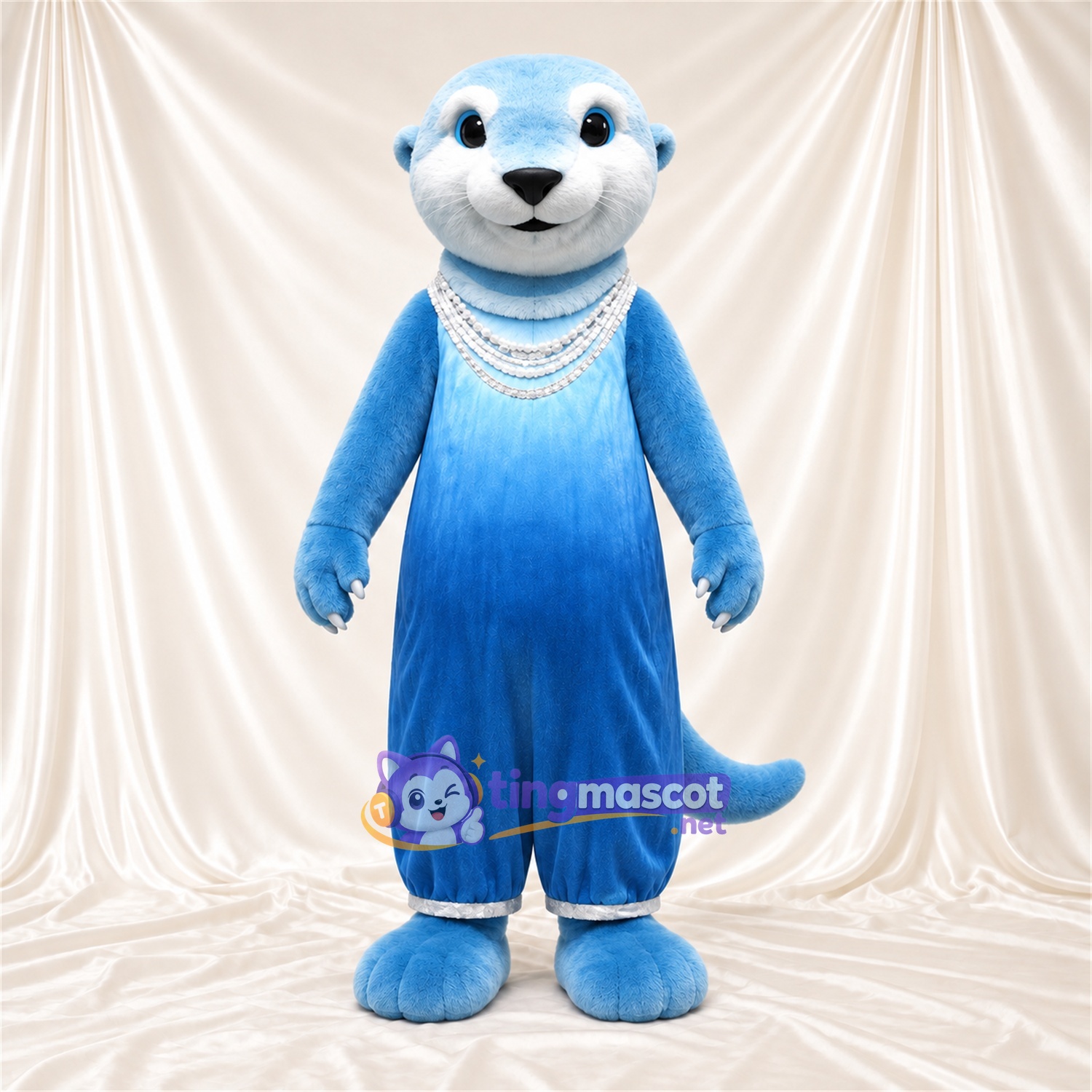 Blue Otter Mascot Costume - Pearl-Style Necklaces and Blue Jumpsuit Blue Otter Mascot Costume - Pearl-Style Necklaces and Blue Jumpsuit